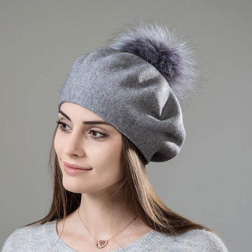 Elizabeth Knitted Wool Beret with Pompom-Hats-Arimonz-Arimonz