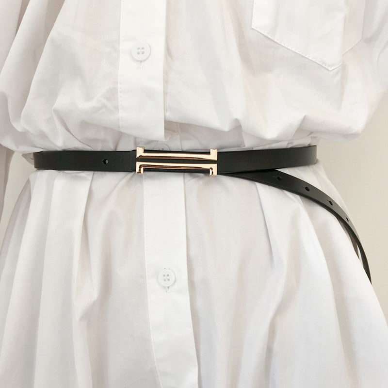 Fashion Leather Thin Belt Women Personality Metal Buckle Waist Belt-Belts-Arimonz-Arimonz