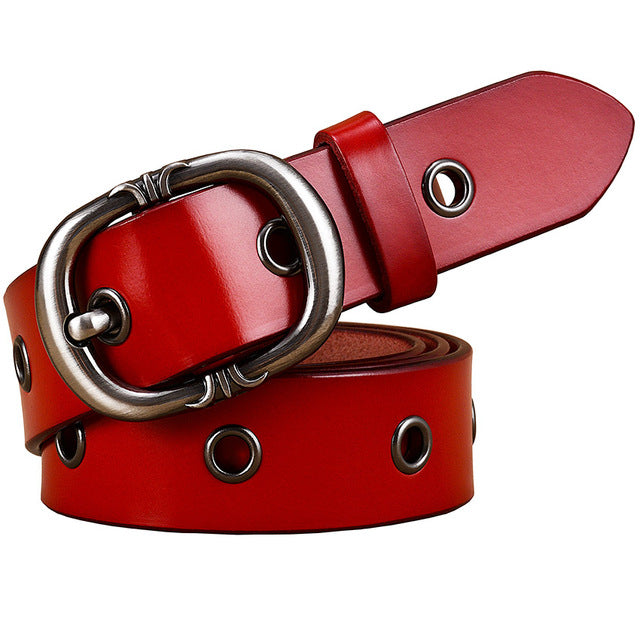Fashion Metal Hollow Genuine Leather Belts For Women Pin Buckle Belt-Belts-Arimonz-Red-90cm/36inches-Arimonz