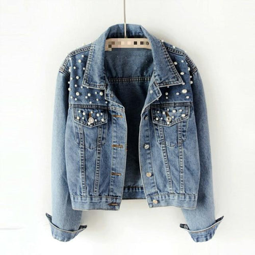Fashion Women’s Denim Jacket Full Sleeve Loose Button Pearls-Jean Jackets-Arimonz-denim blue-S-Arimonz