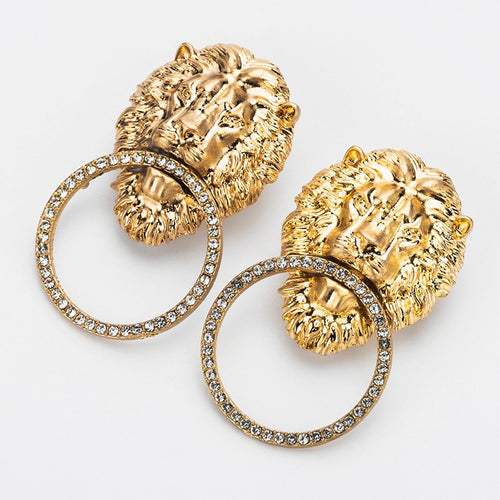 Fashionable and Changeable Antique Gold Lion Pattern Dangle Earrings-Drop Earrings-Arimonz-Arimonz