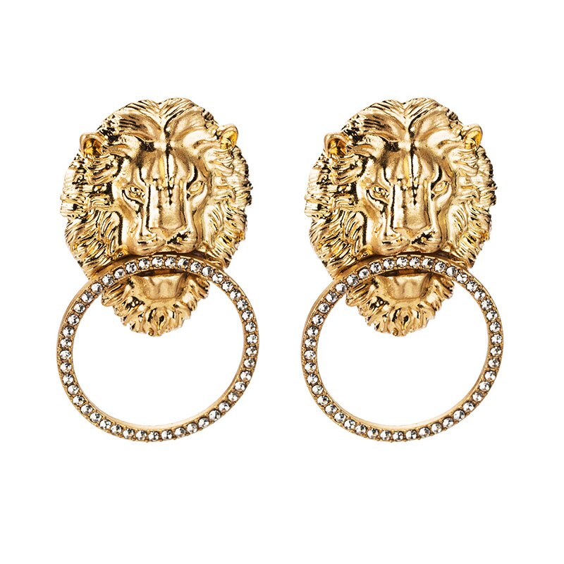 Fashionable and Changeable Antique Gold Lion Pattern Dangle Earrings-Drop Earrings-Arimonz-Arimonz