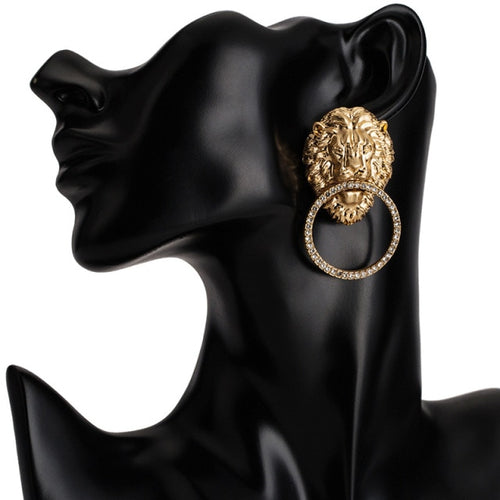 Fashionable and Changeable Antique Gold Lion Pattern Dangle Earrings-Drop Earrings-Arimonz-Arimonz