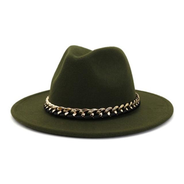 Fashionable Fedoras For Women Felted Chain Belt Casual Hats For Women-Hats-Arimonz-army green-Arimonz