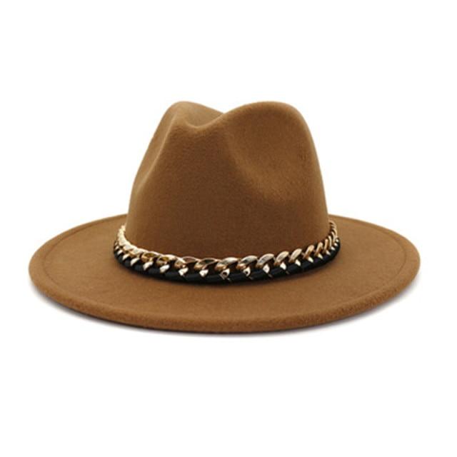 Fashionable Fedoras For Women Felted Chain Belt Casual Hats For Women-Hats-Arimonz-khaki-Arimonz