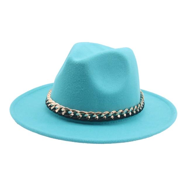 Fashionable Fedoras For Women Felted Chain Belt Casual Hats For Women-Hats-Arimonz-lake blue-Arimonz