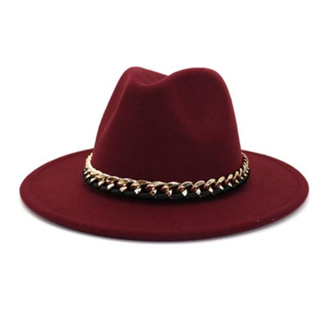 Fashionable Fedoras For Women Felted Chain Belt Casual Hats For Women-Hats-Arimonz-wine red-Arimonz