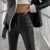 Faux Leather Pencil Pant Lace Up High Waist Slim Casual Trouser-Pants-Arimonz-Arimonz
