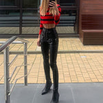 Faux Leather Pencil Pant Lace Up High Waist Slim Casual Trouser-Pants-Arimonz-Arimonz