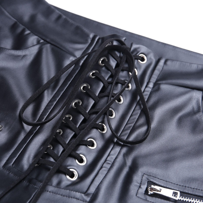 Faux Leather Pencil Pant Lace Up High Waist Slim Casual Trouser-Pants-Arimonz-Arimonz