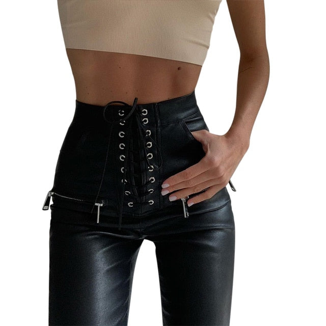 Faux Leather Pencil Pant Lace Up High Waist Slim Casual Trouser-Pants-Arimonz-Arimonz