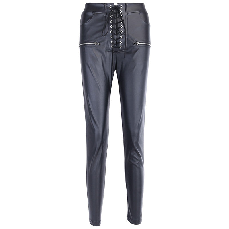 Faux Leather Pencil Pant Lace Up High Waist Slim Casual Trouser-Pants-Arimonz-XS-Arimonz