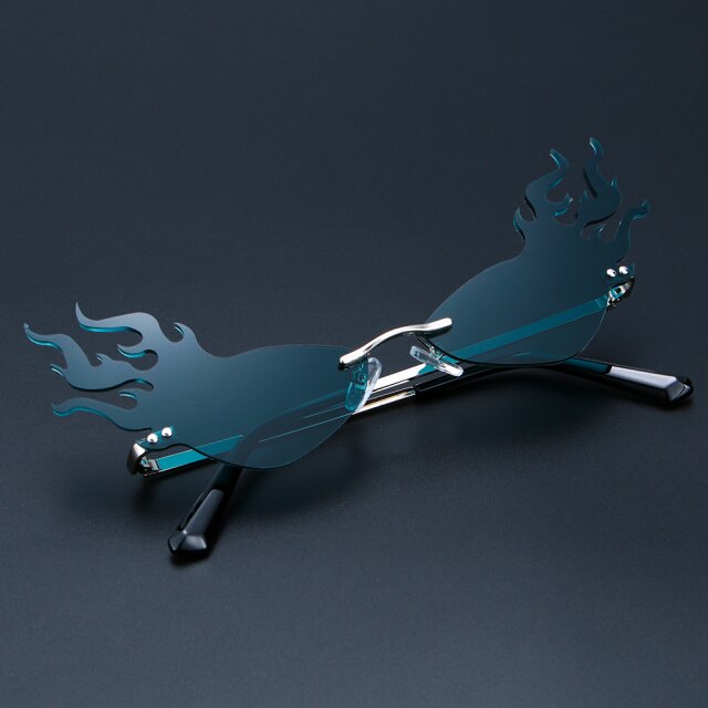 Fire Diamond Shape Flame Sunglasses Women Men Rimless Wave Sun Glasses-Sunglasses-Arimonz-Fire Dark green-Arimonz
