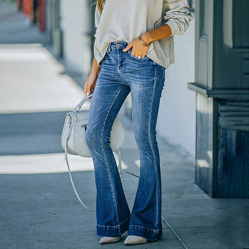 Flare Jeans Women Denim Pants Stretch Pocket Trousers Straight Pants-Skinny Jeans-Arimonz-Arimonz