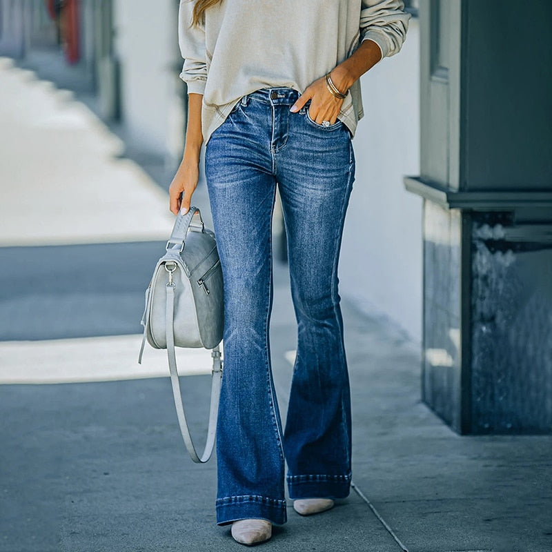 Flare Jeans Women Denim Pants Stretch Pocket Trousers Straight Pants-Skinny Jeans-Arimonz-Arimonz