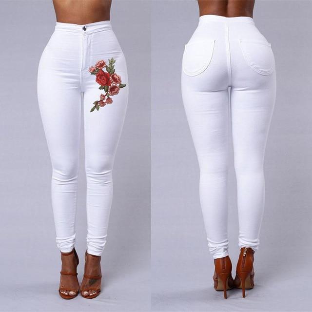 Floral Embroidered High Waist Skinny Jean-Skinny Jeans-Arimonz-White-S-Arimonz