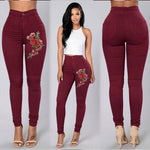 Floral Embroidered High Waist Skinny Jean-Skinny Jeans-Arimonz-wine red-S-Arimonz