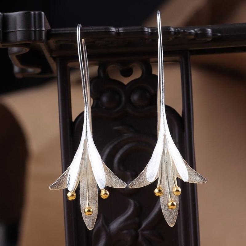 Flower Drop Earrings for Women Two Tone Design Jewelry-Earrings-Arimonz-Arimonz