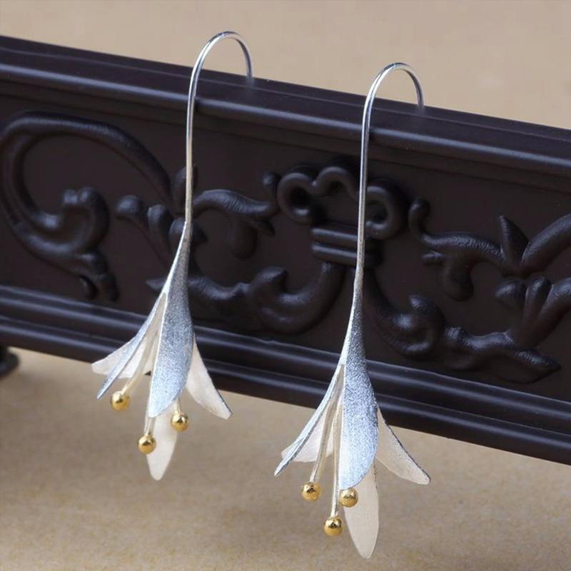 Flower Drop Earrings for Women Two Tone Design Jewelry-Earrings-Arimonz-Arimonz