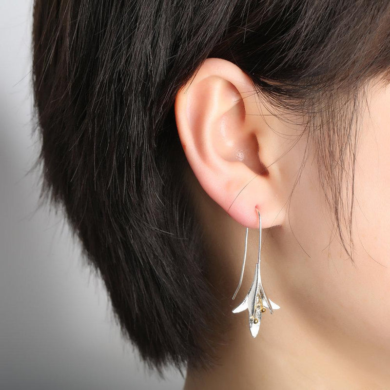 Flower Drop Earrings for Women Two Tone Design Jewelry-Earrings-Arimonz-Arimonz
