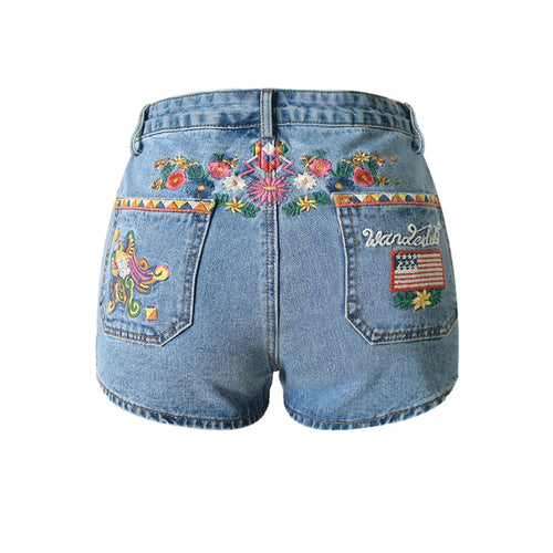 Flower Embroidered Shorts Jeans Women Vintage Style High Waist Shorts-Denim Shorts-Arimonz-Arimonz