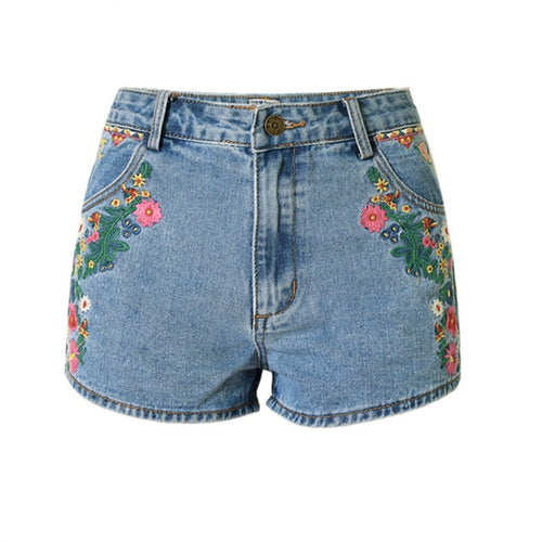 Flower Embroidered Shorts Jeans Women Vintage Style High Waist Shorts-Denim Shorts-Arimonz-Arimonz