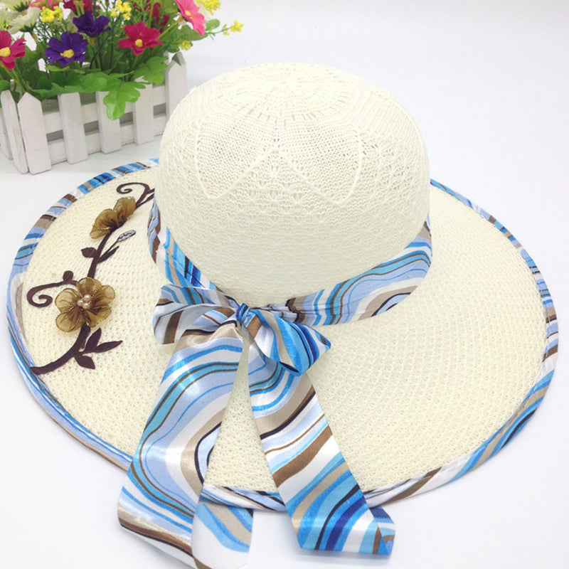 Foldable Wide Brim Floppy Girls Straw Sun Hat Beach Women Summer Hat-Summer Hats-Arimonz-Beige Blue-Arimonz