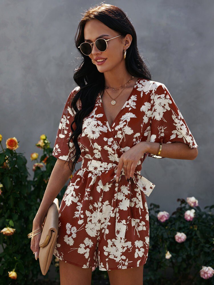 Front Allover Floral Print Belted Playsuits Wide Leg Pants Rompers-Casual Jumpsuits & Rompers-Arimonz-Arimonz