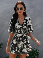 Front Allover Floral Print Belted Playsuits Wide Leg Pants Rompers-Casual Jumpsuits & Rompers-Arimonz-Black-S-Arimonz