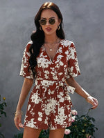 Front Allover Floral Print Belted Playsuits Wide Leg Pants Rompers-Casual Jumpsuits & Rompers-Arimonz-Maroon-S-Arimonz
