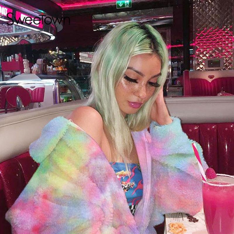 Fuzzy Jackets - Colorful Gradient Print Teddy Coat