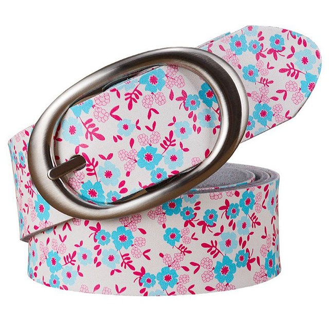 Genuine Leather Belts For Women Printing Plaid Belt Woman Pin Buckle-Belts-Arimonz-Blue Flowers-95cm/37.4inches-Arimonz
