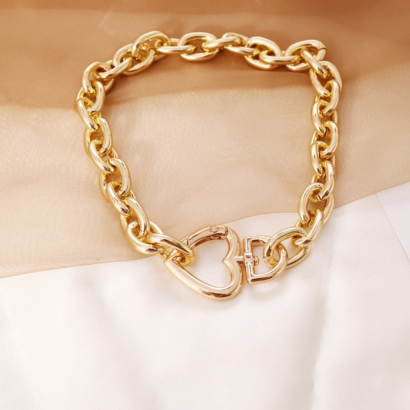Geometric Alloy Thick Necklace Bracelet Set for Women Heart Necklace-Necklaces-Arimonz-Arimonz