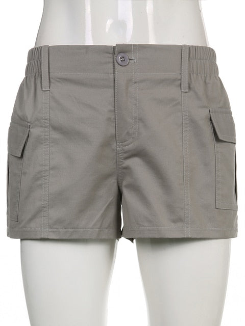 Grey Cargo Shorts Pockets Low Waisted Joggers Retro Streetwear Shorts-Shorts-Arimonz-Grey-S-Arimonz