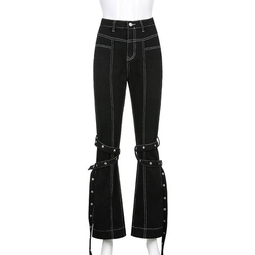 Grunge Black Jeans Wide Leg Women Pants High Waist Rivet Trousers-Straight Jeans-Arimonz-Arimonz
