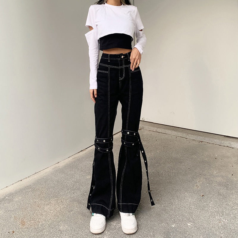 Grunge Black Jeans Wide Leg Women Pants High Waist Rivet Trousers-Straight Jeans-Arimonz-Arimonz