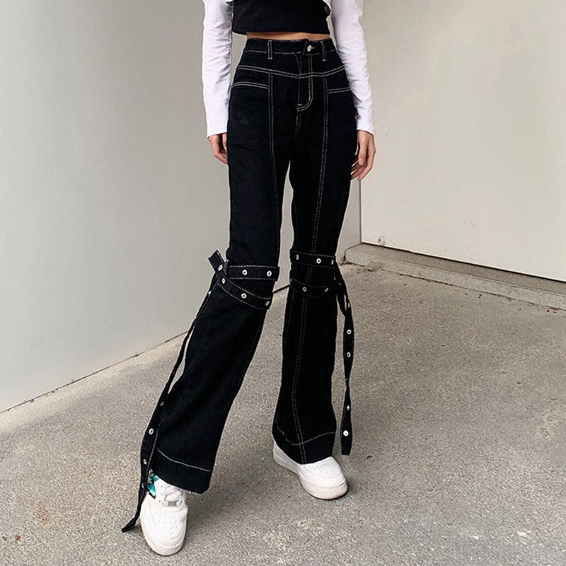 Grunge Black Jeans Wide Leg Women Pants High Waist Rivet Trousers-Straight Jeans-Arimonz-Arimonz