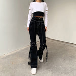 Grunge Black Jeans Wide Leg Women Pants High Waist Rivet Trousers-Straight Jeans-Arimonz-Arimonz