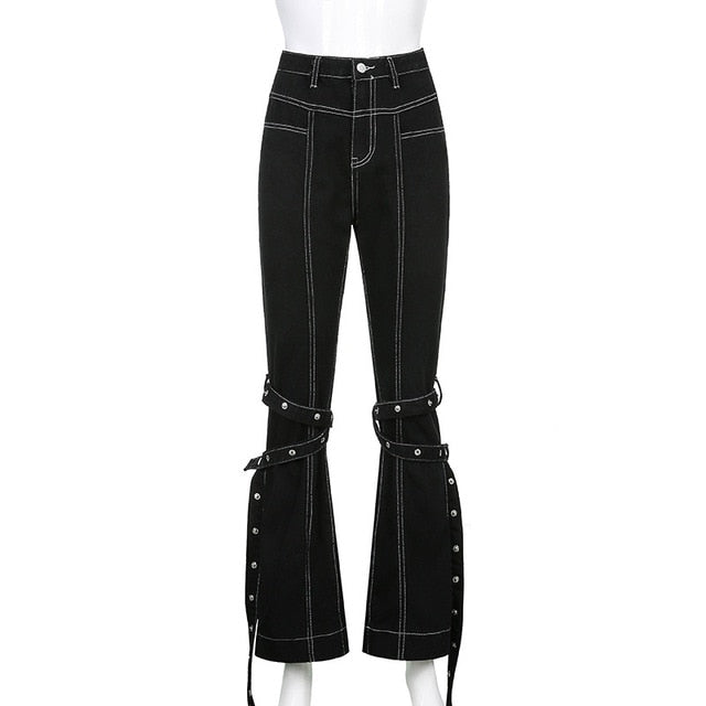 Grunge Black Jeans Wide Leg Women Pants High Waist Rivet Trousers-Straight Jeans-Arimonz-black-S-Arimonz