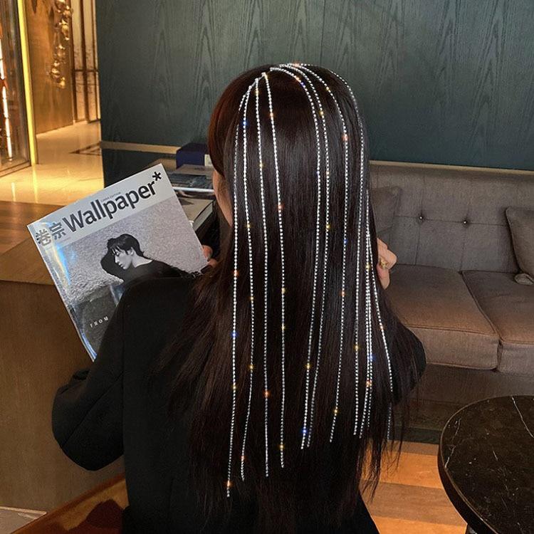 Hair Accessories - Full Rhinestone Headband For Women Long Tassel Crystal Hair Clip