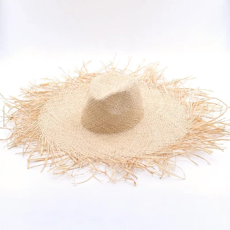 Handmade Women Straw Sun Hats Large Wide Brim Beach Straw Sun Caps-Summer Hats-Arimonz-Arimonz