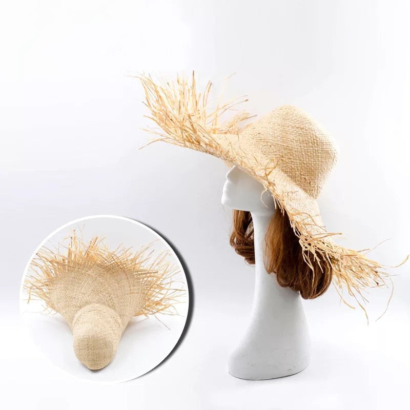 Handmade Women Straw Sun Hats Large Wide Brim Beach Straw Sun Caps-Summer Hats-Arimonz-Arimonz