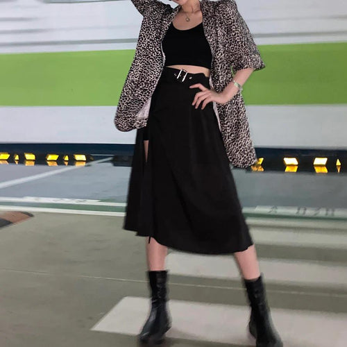 High Waist Black Midi Skirt Women Summer Casual Split Long Skirt-Skirts-Arimonz-Arimonz