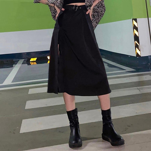 High Waist Black Midi Skirt Women Summer Casual Split Long Skirt-Skirts-Arimonz-Arimonz