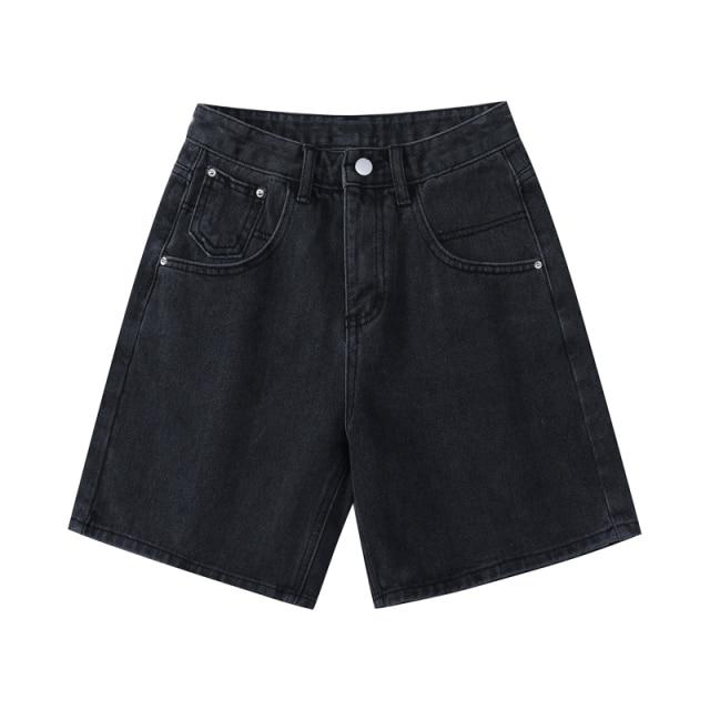 High Waist Denim Shorts Women Loose Ladies Button Wide Leg Shorts-Denim Shorts-Arimonz-Black-S-Arimonz