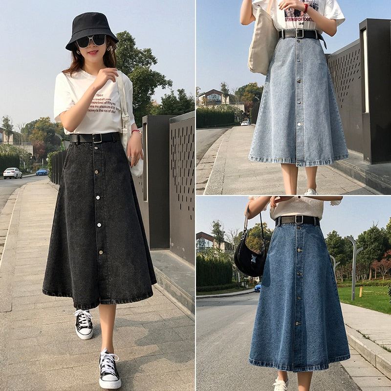 High Waist Denim Skirt Streetwear A-Line Long Skirts For Women-Denim Skirts-Arimonz-Arimonz