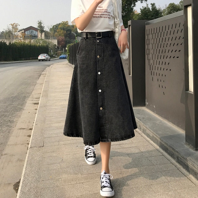 High Waist Denim Skirt Streetwear A-Line Long Skirts For Women-Denim Skirts-Arimonz-black-S-Arimonz