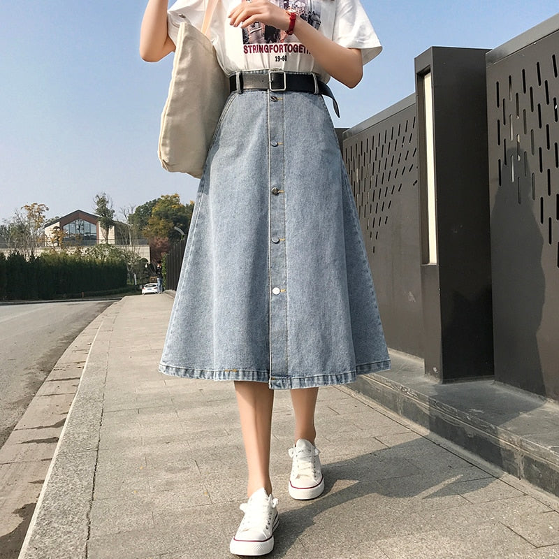 High Waist Denim Skirt Streetwear A-Line Long Skirts For Women-Denim Skirts-Arimonz-Arimonz