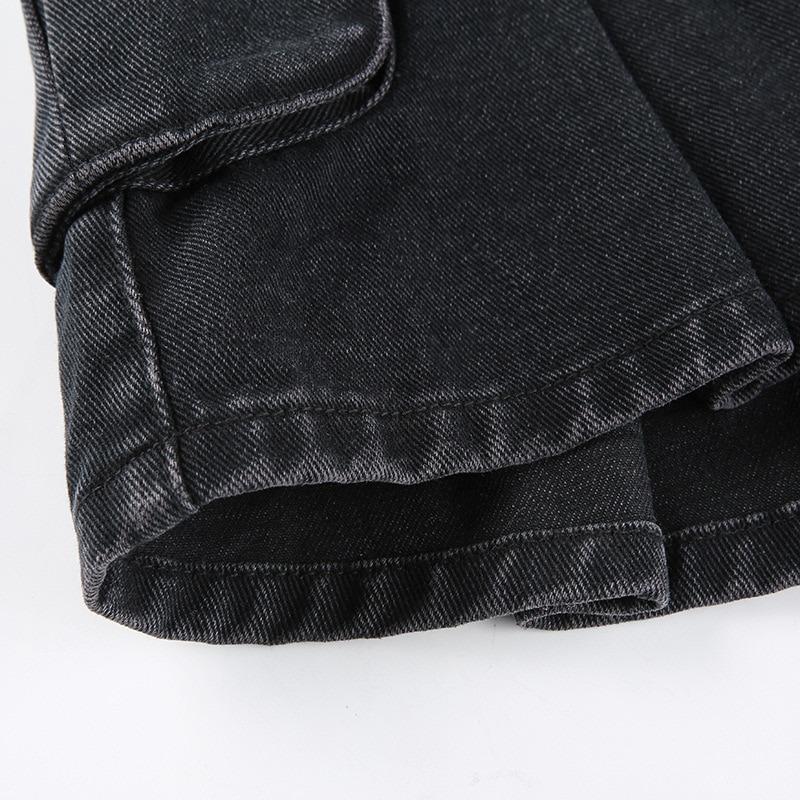 High Waist Jean Skirts Denim Pleated Skirts with Big Pockets Outfit-Denim Skirts-Arimonz-Arimonz