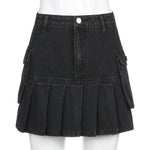 High Waist Jean Skirts Denim Pleated Skirts with Big Pockets Outfit-Denim Skirts-Arimonz-Arimonz